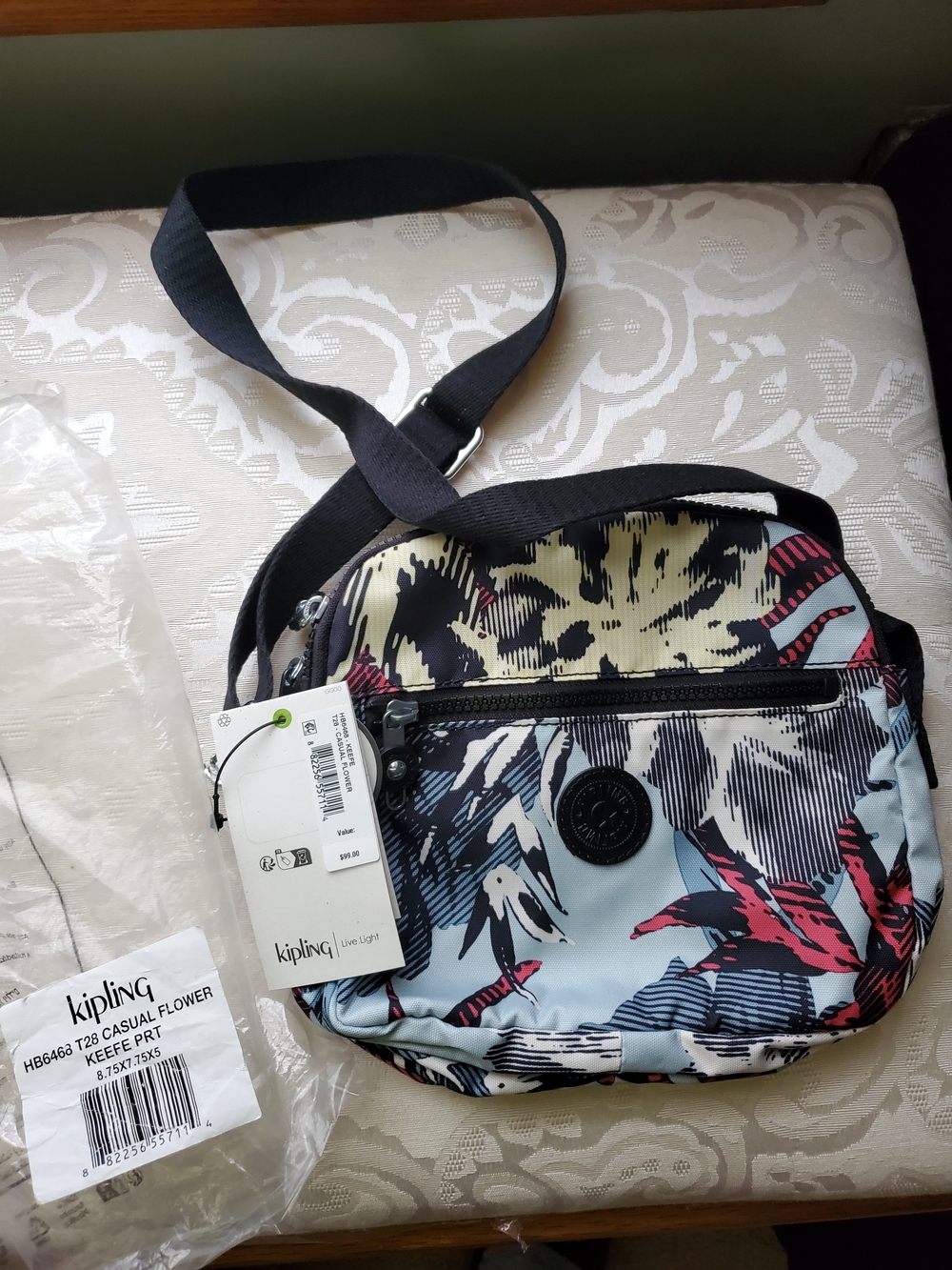 Kipling Keefe Black And White Floral Crossbody Bag - Picture 2 of 10